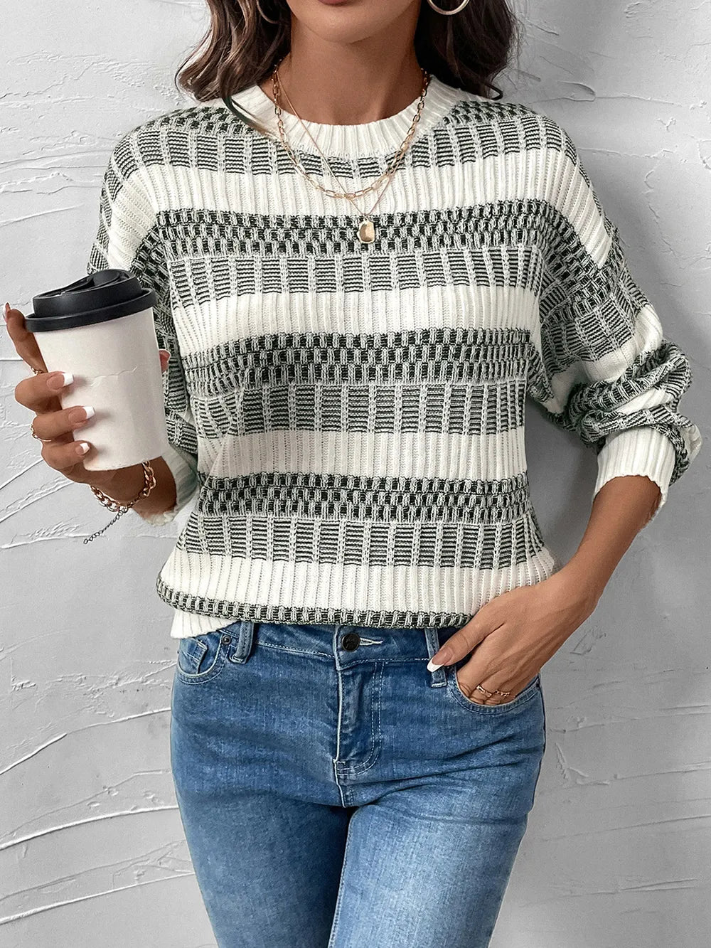 Perfee Contrast Round Neck Long Sleeve Sweater - adritiX