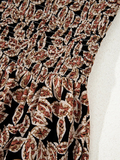 Printed Smocked Bodice Maxi Dress - adritiX