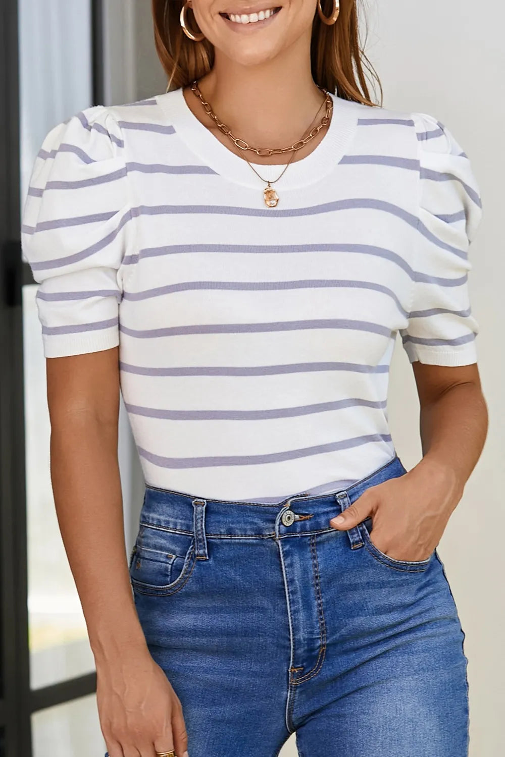 Striped Round Neck Puff Sleeve Knit Top - adritiX