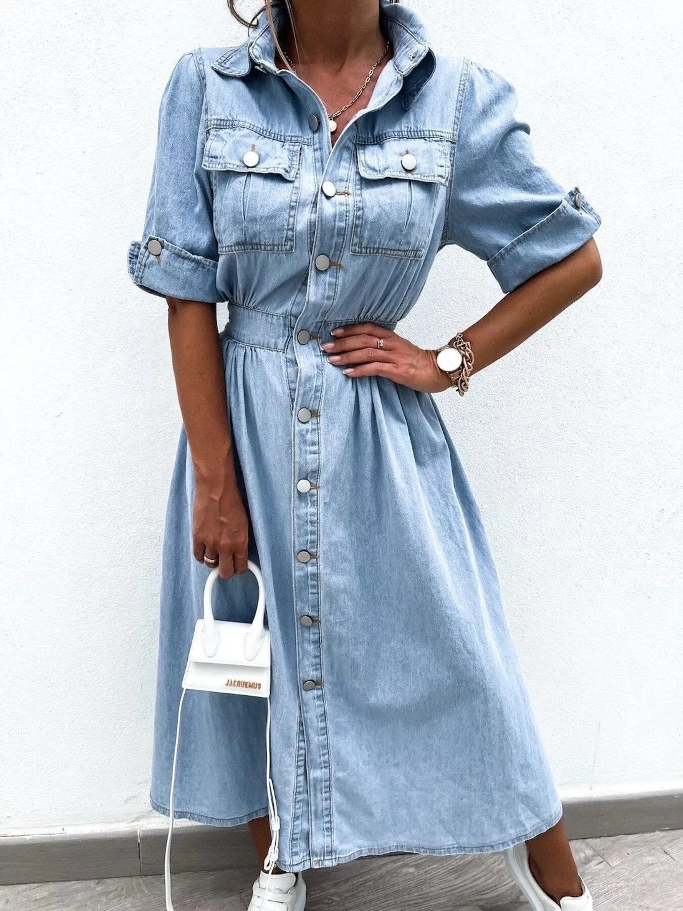Full Size Button Down Roll-Up Sleeve Denim Shirt Dress Plus Size - adritiX