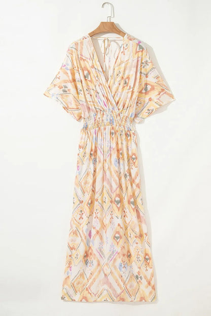 Printed Half Sleeve Shirred High Waist Maxi Dress - adritiX