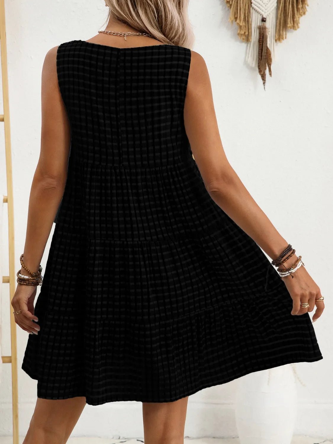 Plaid Round Neck Sleeveless Mini Dress - adritiX