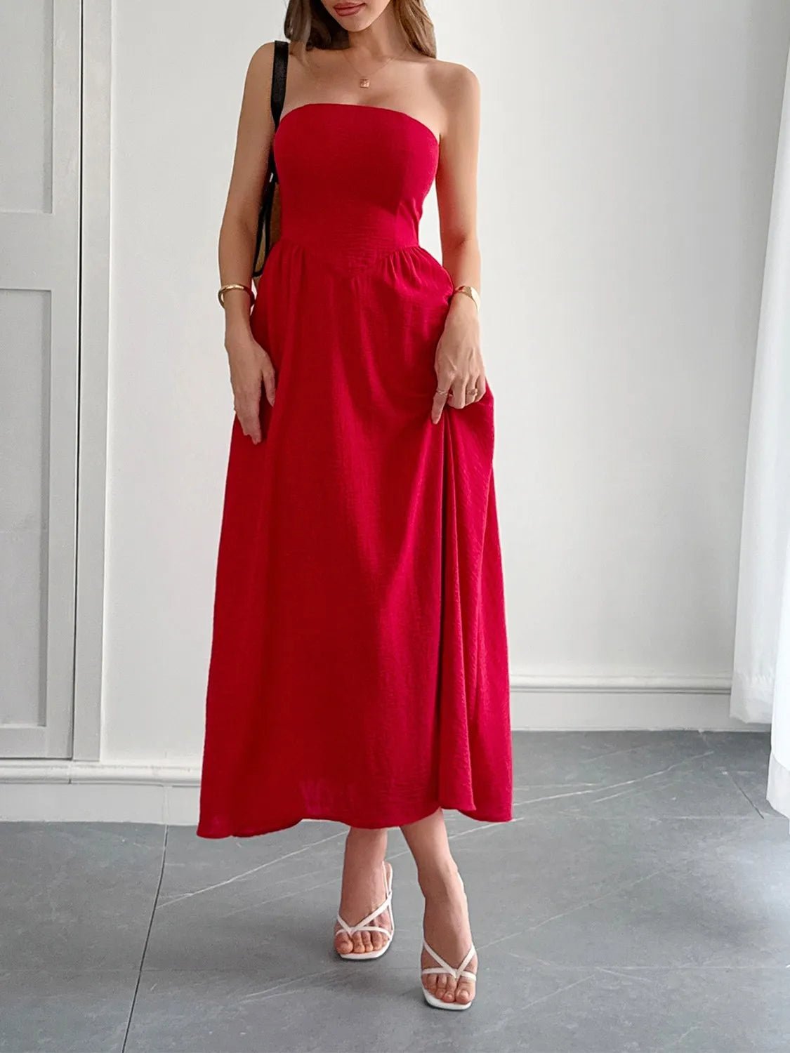 Strapless A-Line Midi Dress with Pockets - adritiX