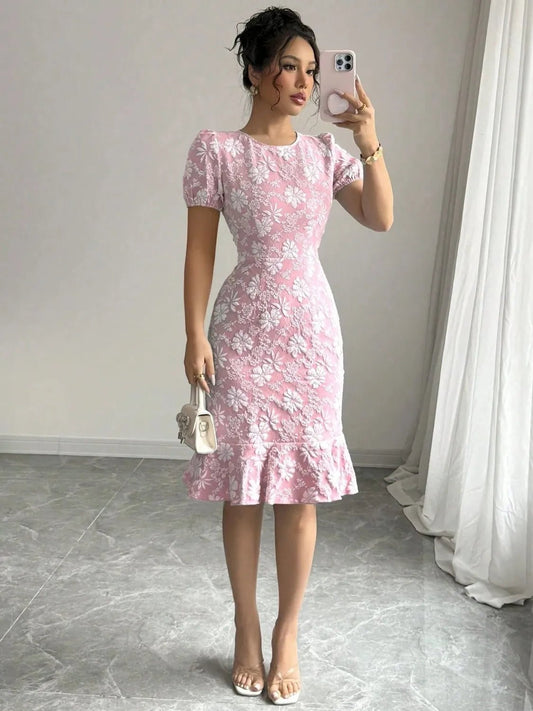 Ruffled Hem Flower Round Neck Short Sleeve Dress - adritiX