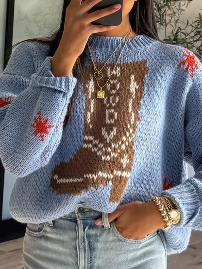 Elegant Boot Pattern Round Neck Dropped Shoulder Sweater - adritiX