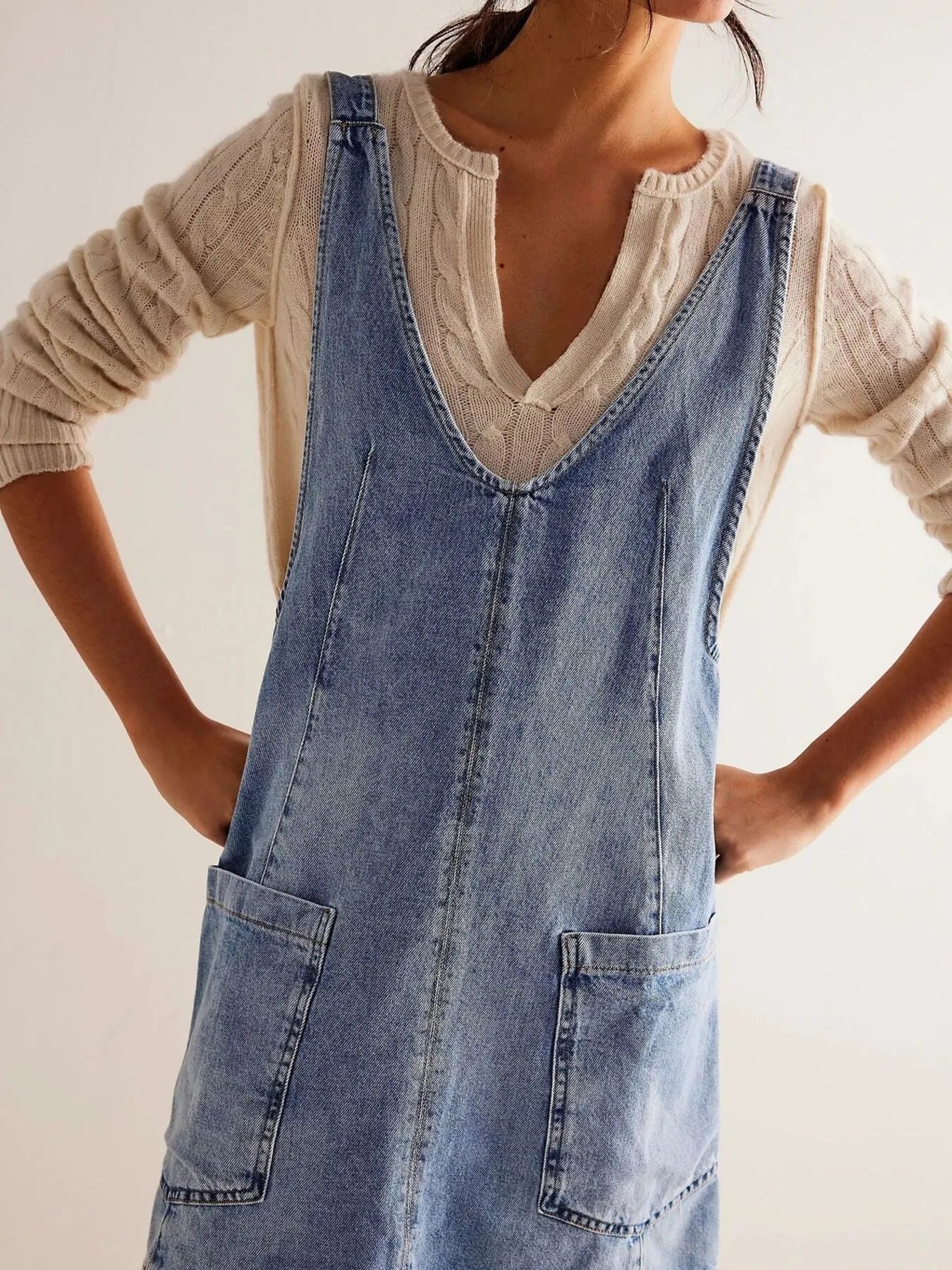 Oversized V-Neck Denim Tank Dress with Front Pockets - adritiX