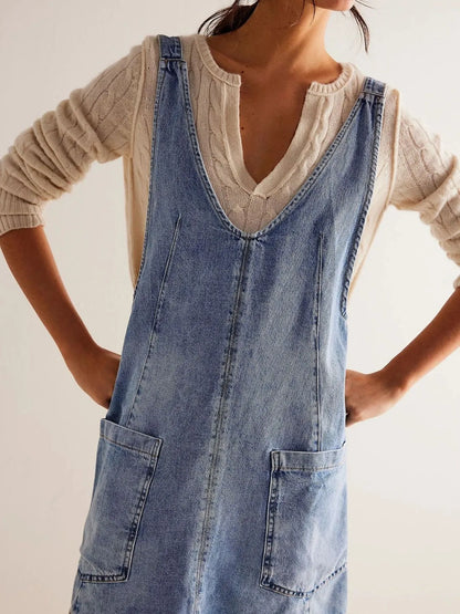 Oversized V-Neck Denim Tank Dress with Front Pockets - adritiX