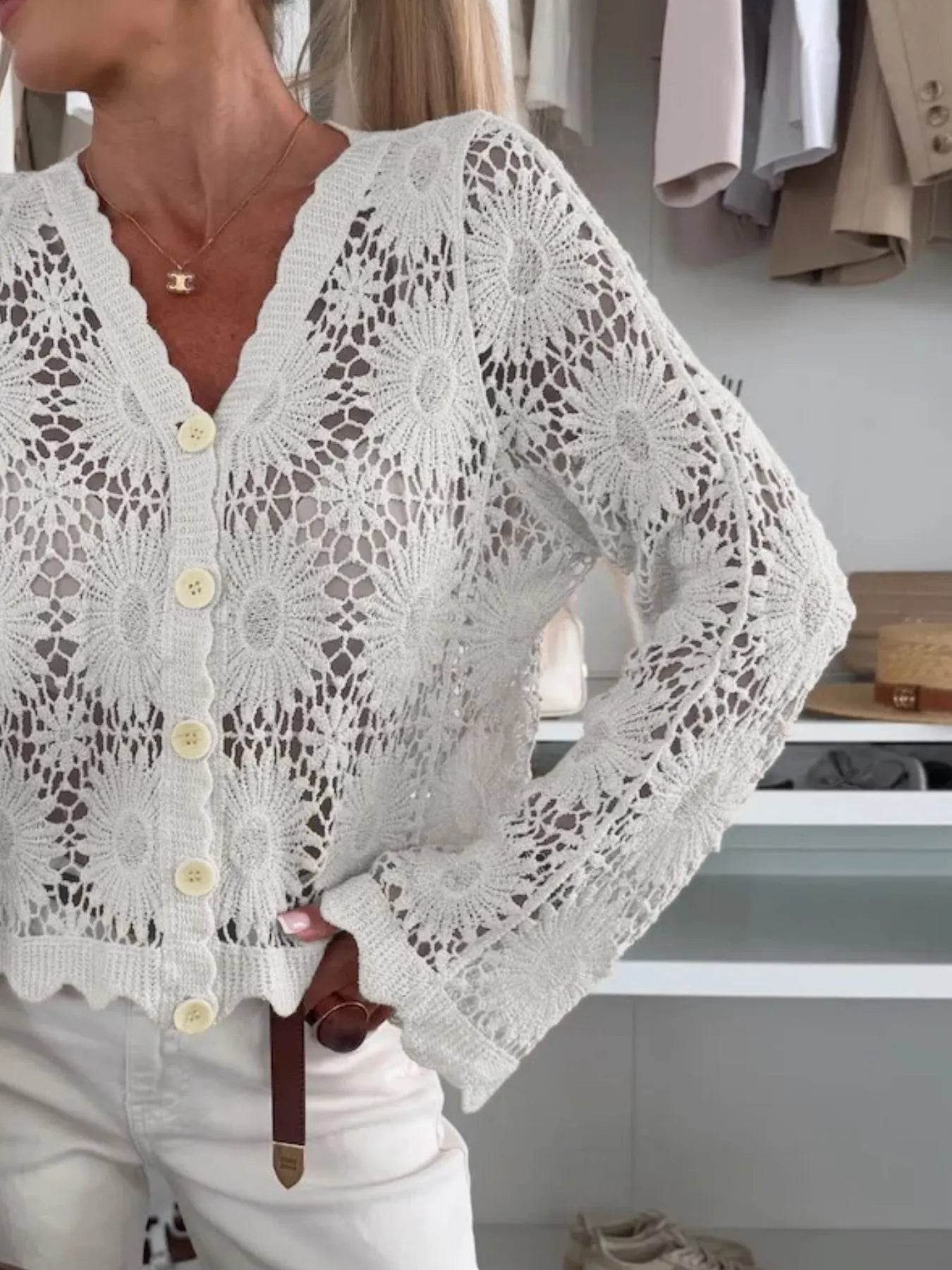 Lace V-Neck Button-Up Cardigan - adritiX
