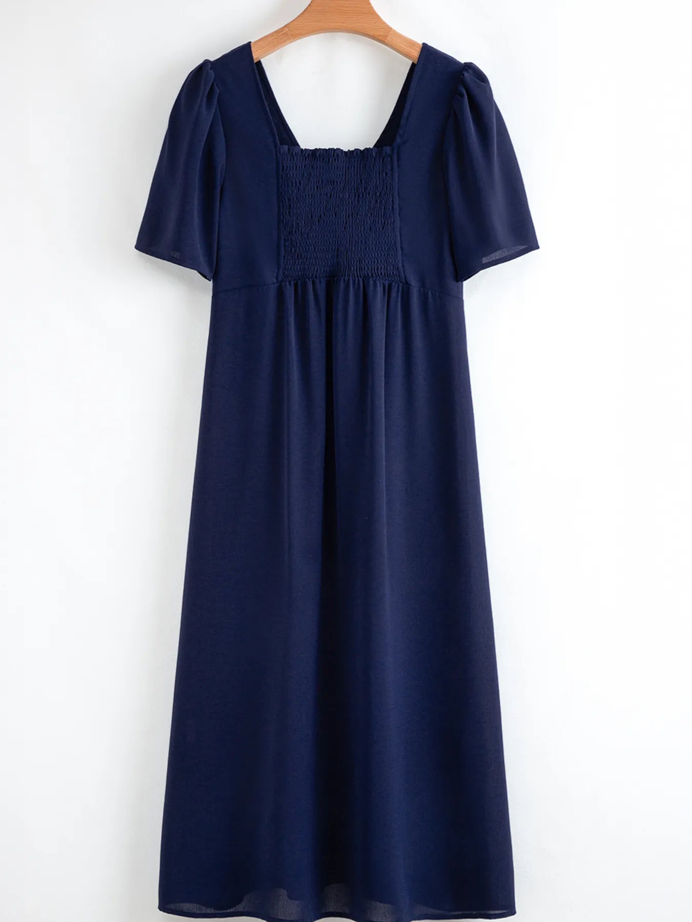 V Neck Buttoned Front Shirred Back Short Sleeve Midi Dress - adritiX