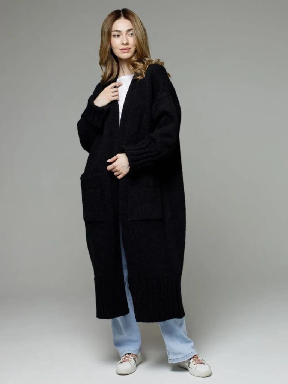 Pocketed Open Front Dropped Shoulder Cardigan - adritiX