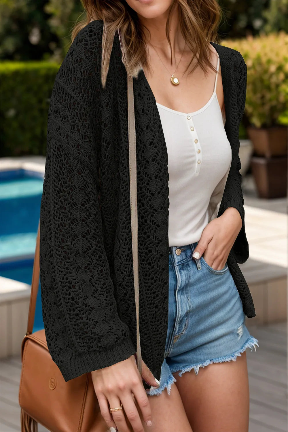 Openwork Open Front Dropped Shoulder Cardigan - adritiX