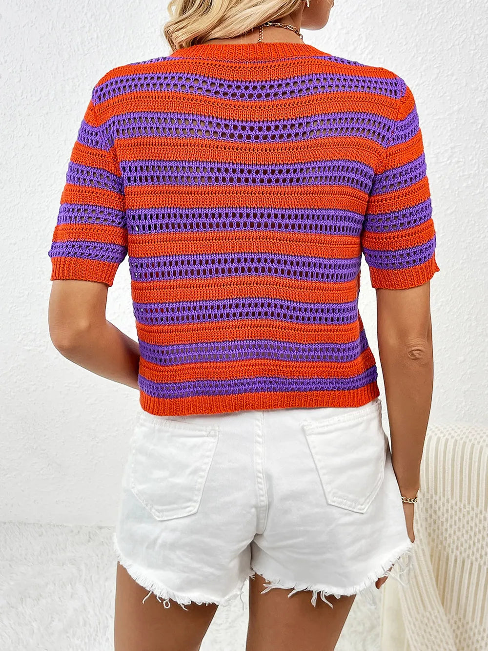 Openwork Striped Round Neck Short Sleeve Knit Top - adritiX