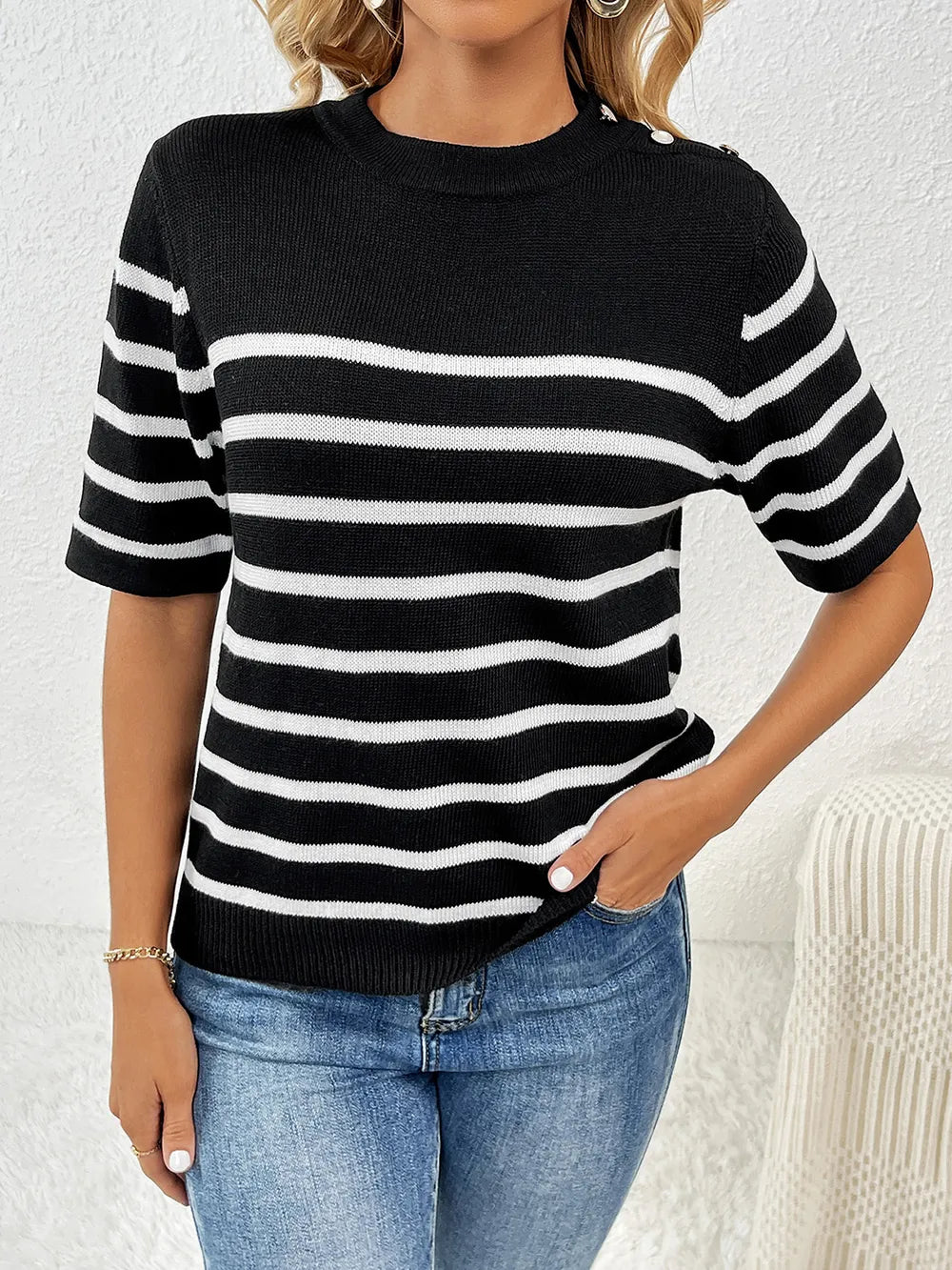 Striped Round Neck Half Sleeve Knit Top - adritiX
