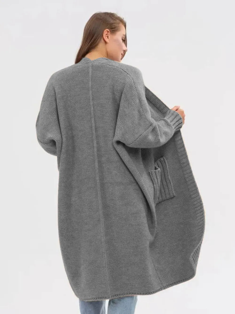 Pocketed Open Front Long Sleeve Longline Cardigan - adritiX