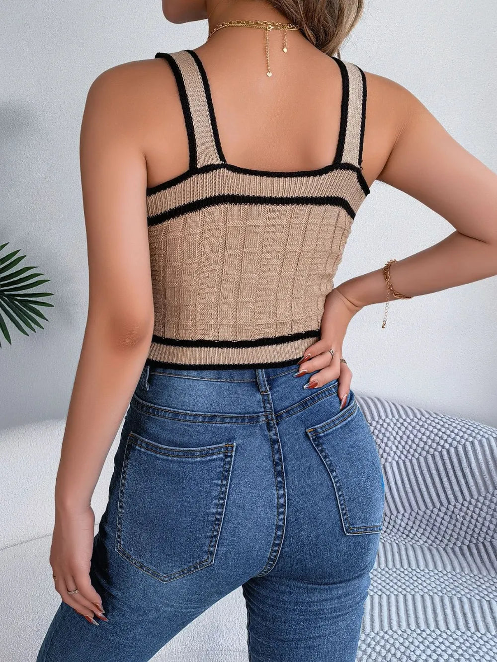 Decorative Button Wide Strap Knit Cami - adritiX