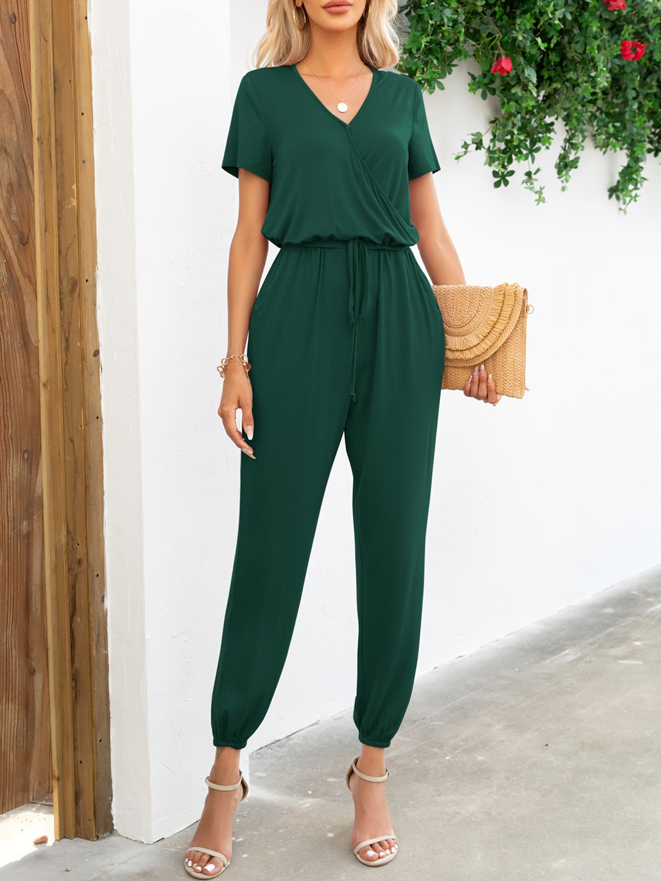 Elegant Short Sleeve V-Neck Jumpsuit with Pockets - adritiX