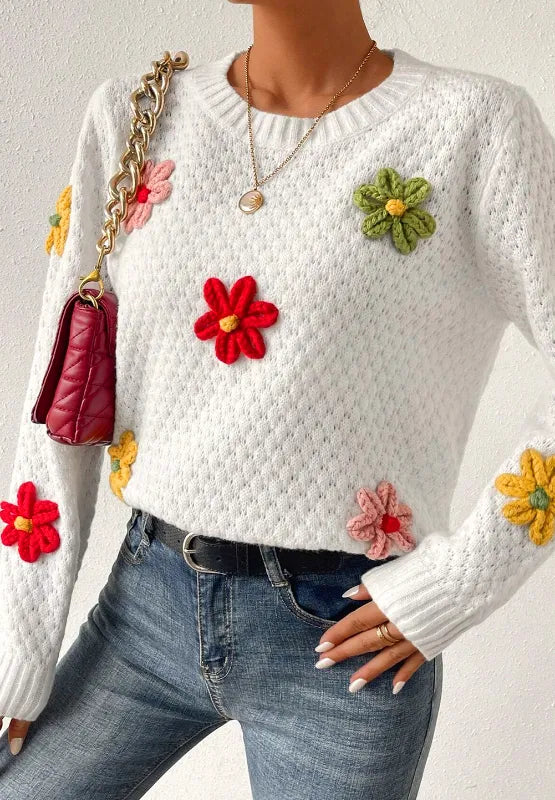 Elegant Crochet Flower Round Neck Long Sleeve Sweater - adritiX
