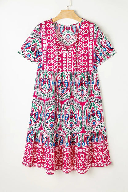 Printed Tie Neck Short Sleeve Dress - adritiX