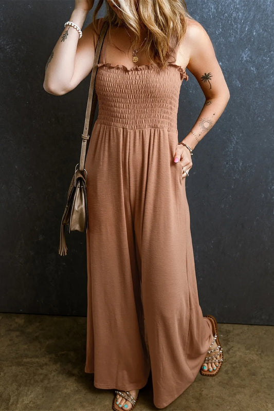 Elegant Frill Smocked Wide Leg Jumpsuit - adritiX
