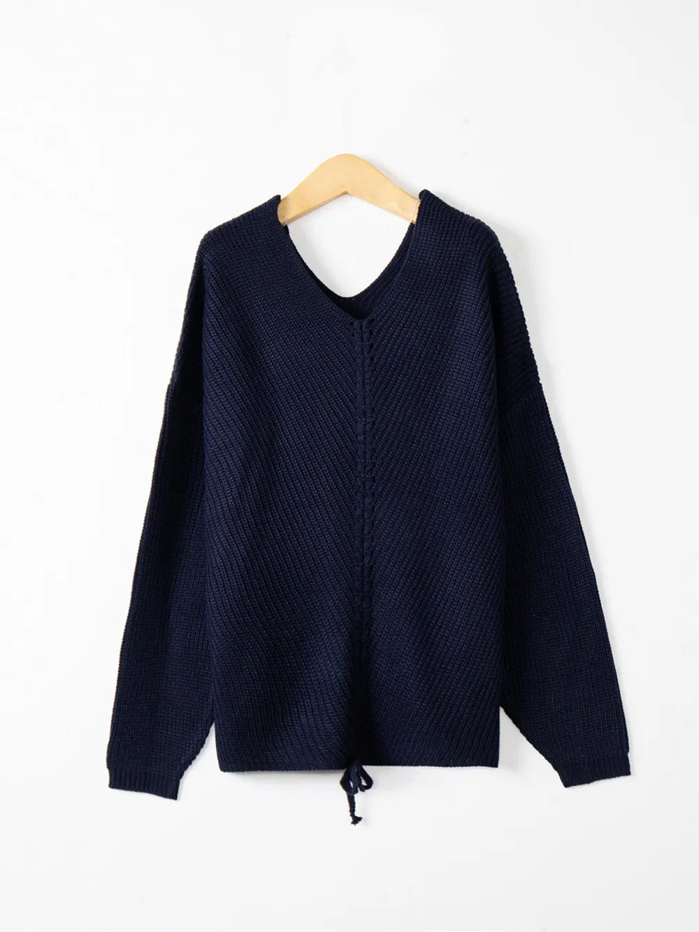 Full Size Lace Up V-Neck Long Sleeve Sweater - adritiX