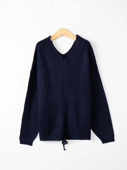 Full Size Lace Up V-Neck Long Sleeve Sweater - adritiX
