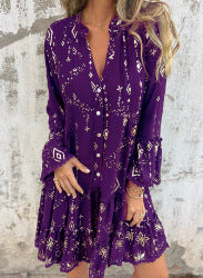 Elegant Bronzing Fashion Horn Lace Sleeve Hollow Dress - adritiX