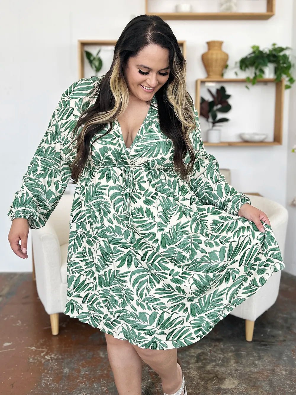 Double Take Full Size Printed Ruched Balloon Sleeve Dress - adritiX