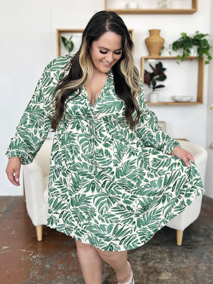 Double Take Full Size Printed Ruched Balloon Sleeve Dress - adritiX