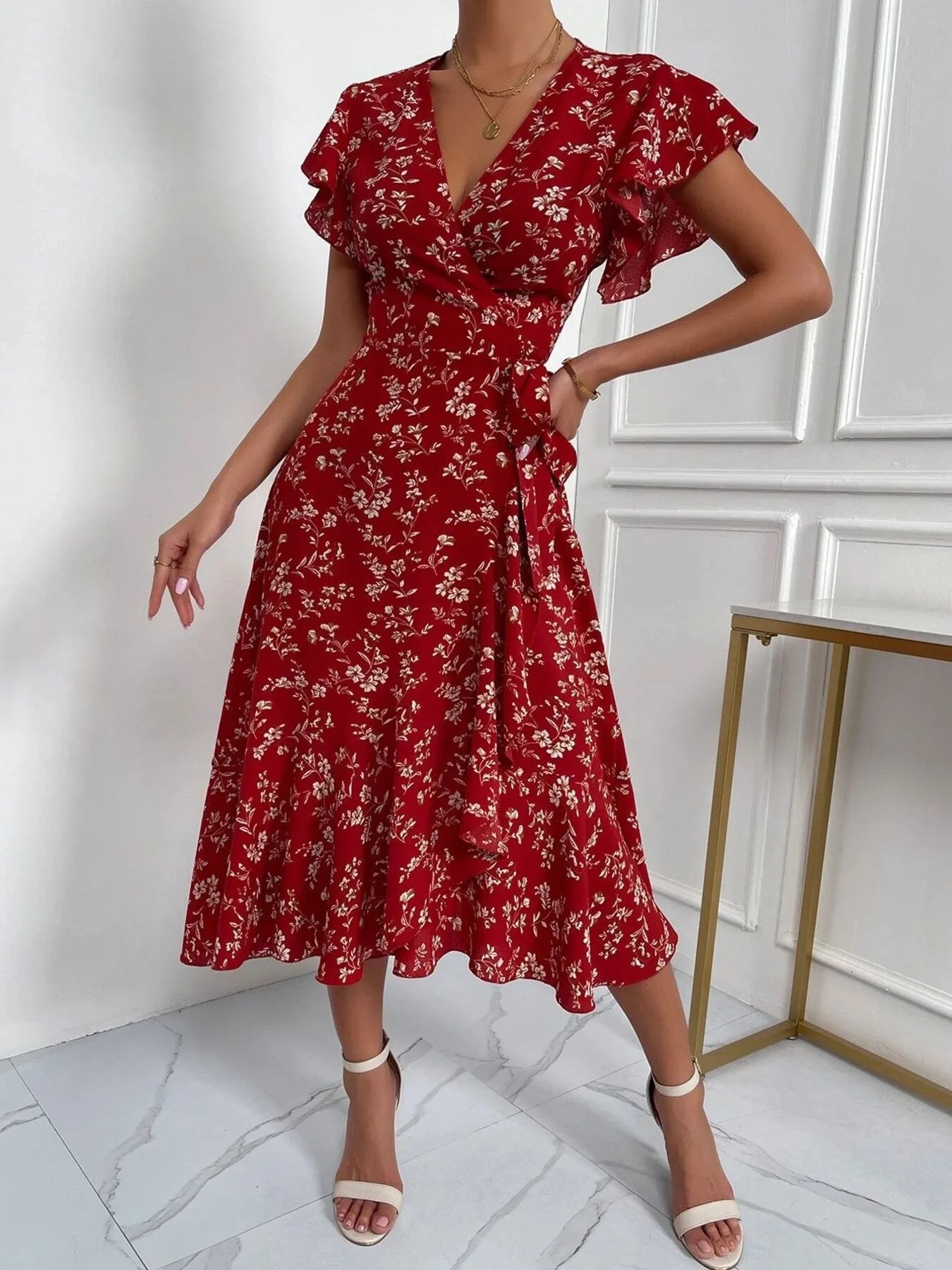 Floral Ruffle Sleeves Midi Dress - adritiX