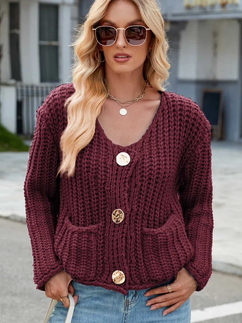 Round Neck Button Up Cardigan with Pockets - adritiX