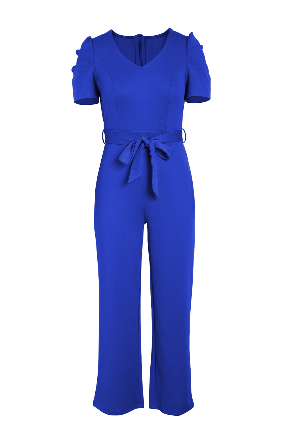 Elegant Belted Puff Sleeve V-Neck Jumpsuit - adritiX