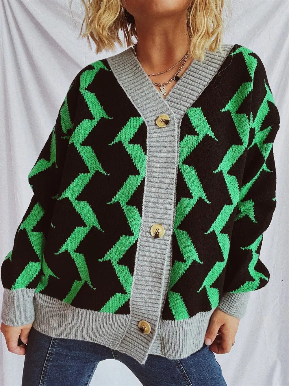 Contrast Trim Geometric V-Neck Long Sleeve Cardigan - adritiX