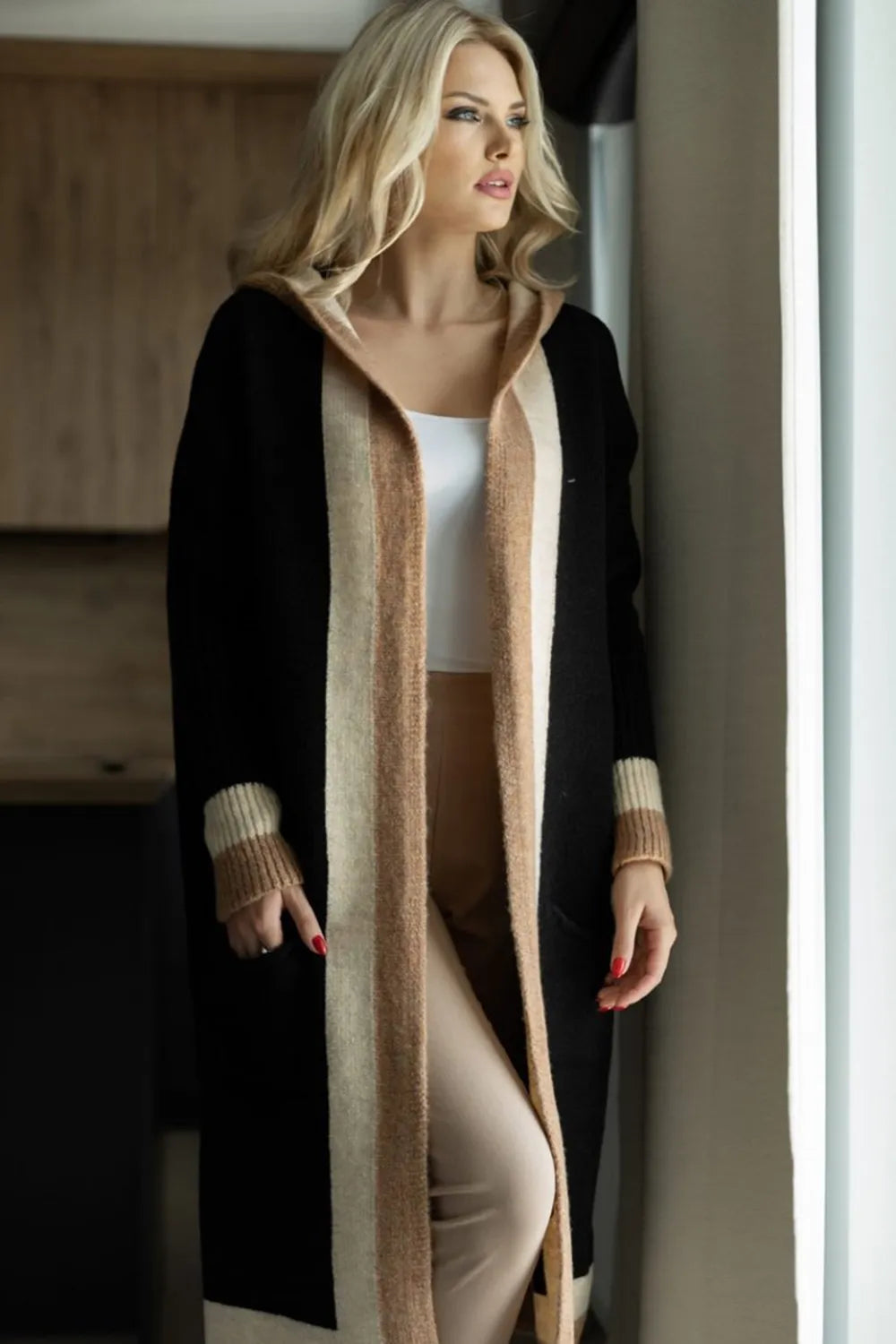 Pocketed Contrast Long Sleeve Hooded Cardigan - adritiX