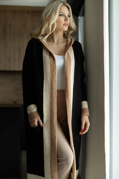Pocketed Contrast Long Sleeve Hooded Cardigan - adritiX