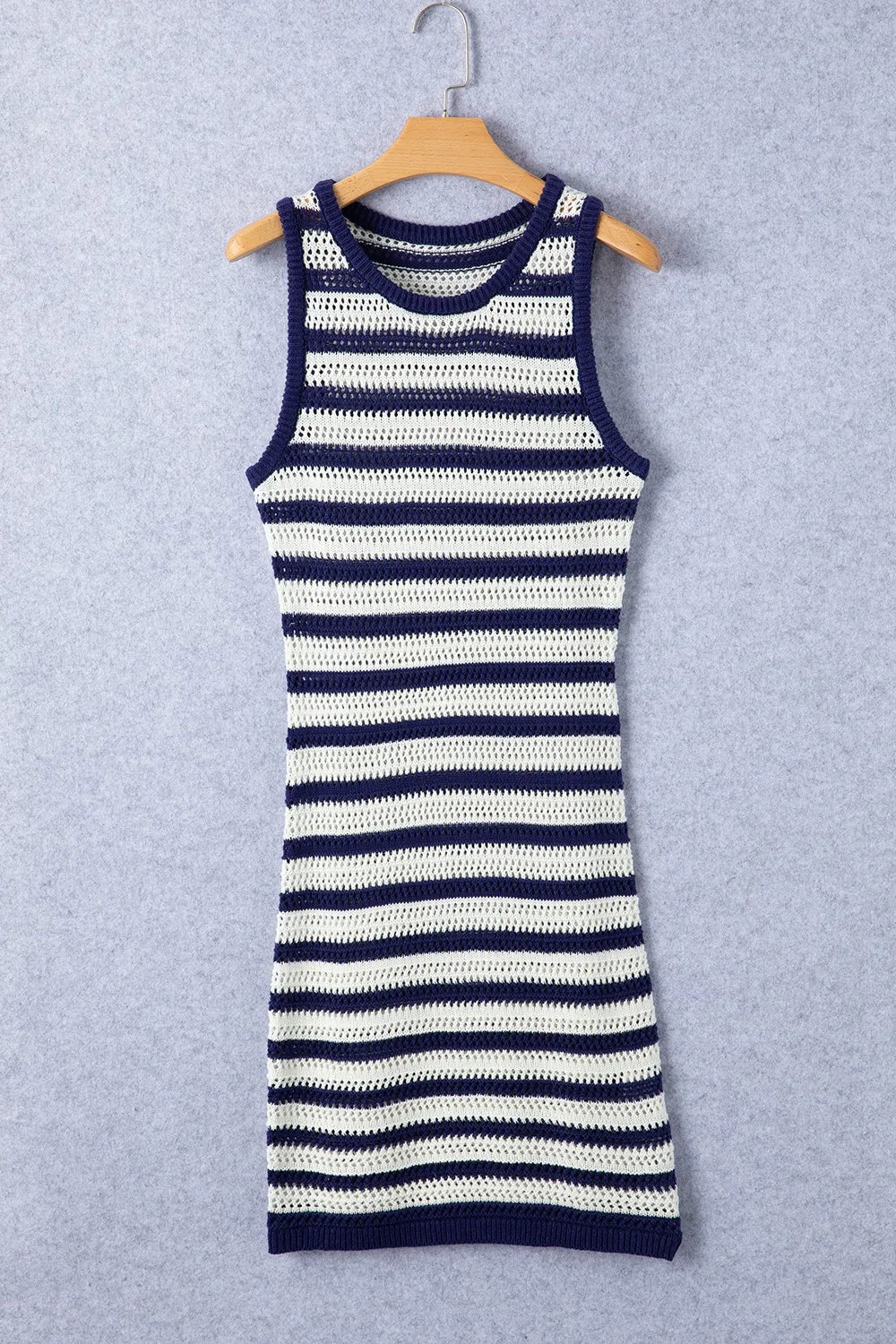 Elegant Stripe Hollowed Knit Sleeveless Sweater Dress - adritiX