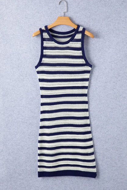 Elegant Stripe Hollowed Knit Sleeveless Sweater Dress - adritiX
