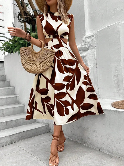 Cutout Printed Cap Sleeve Midi Dress - adritiX