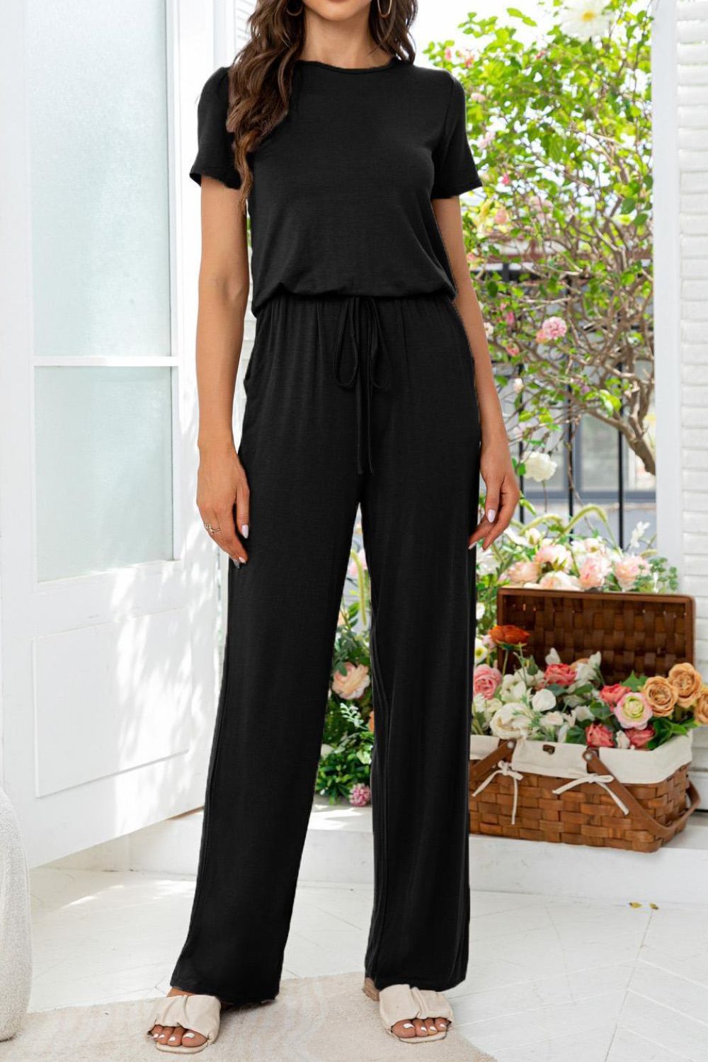 Elegant Round Neck Open Back Jumpsuit with Pockets - adritiX
