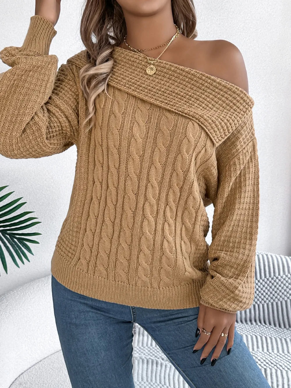 Cable-Knit One Shoulder Long Sleeve Sweater - adritiX