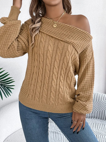 Cable-Knit One Shoulder Long Sleeve Sweater - adritiX