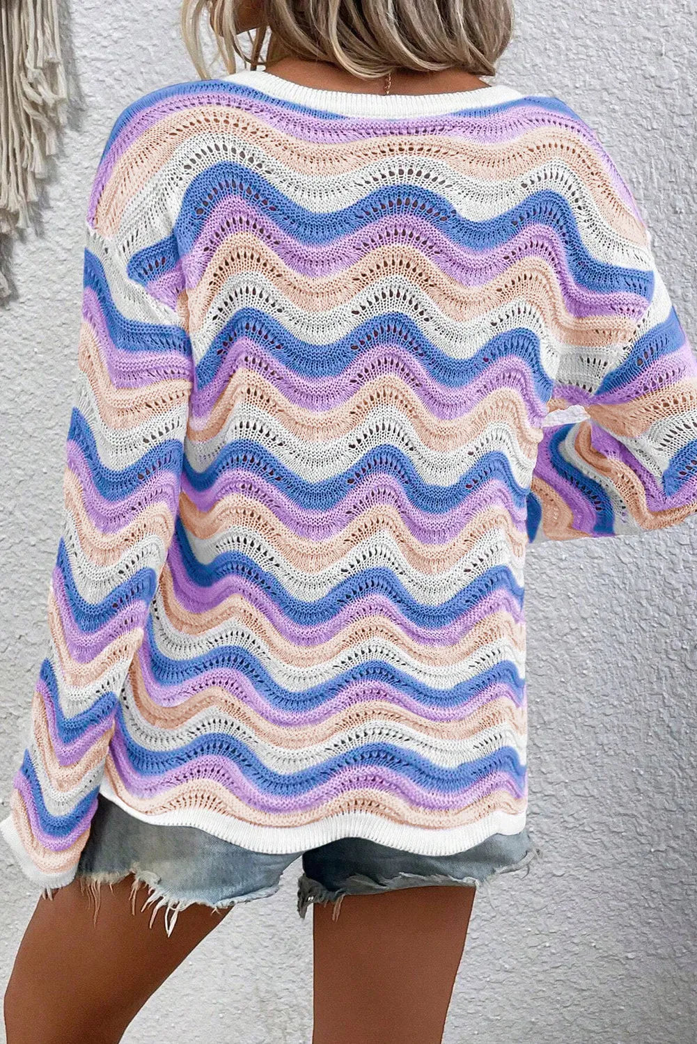 Contrast Wave Stripe Long Sleeve Sweater - adritiX