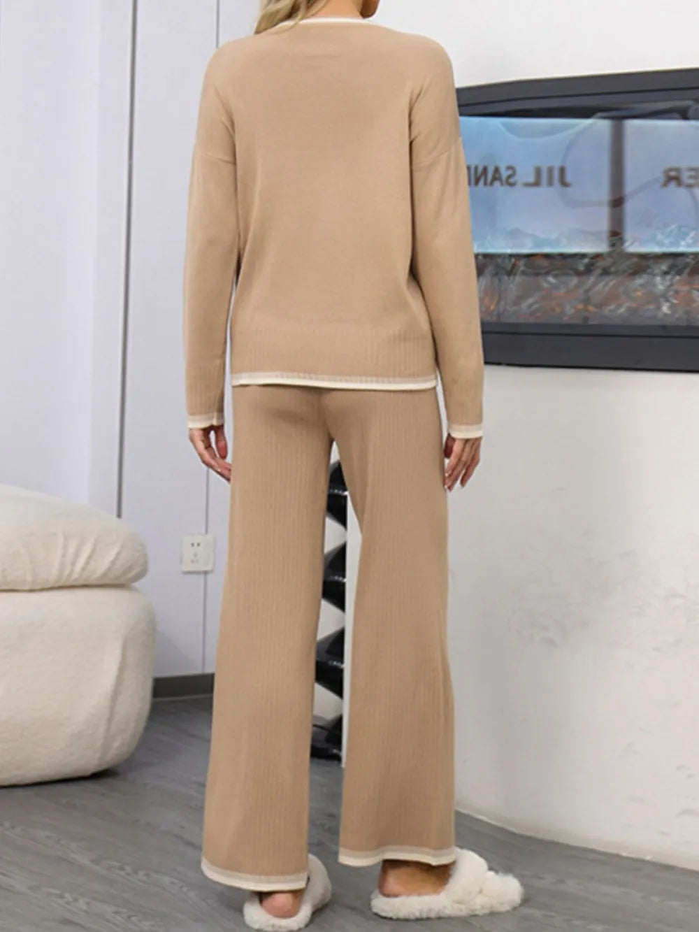 Elegant Contrast Trim Round Neck Top and Pants Sweater Set - adritiX