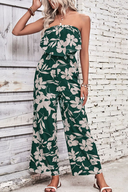 Elegant Perfee Floral Strapless Wide Leg Jumpsuit - adritiX