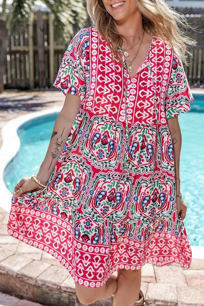 Printed Tie Neck Short Sleeve Dress - adritiX