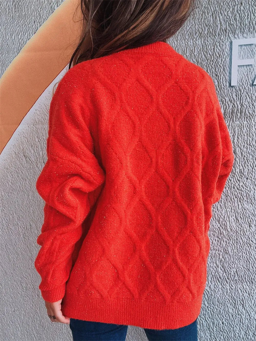 Diamond Round Neck Long Sleeve Sweater - adritiX