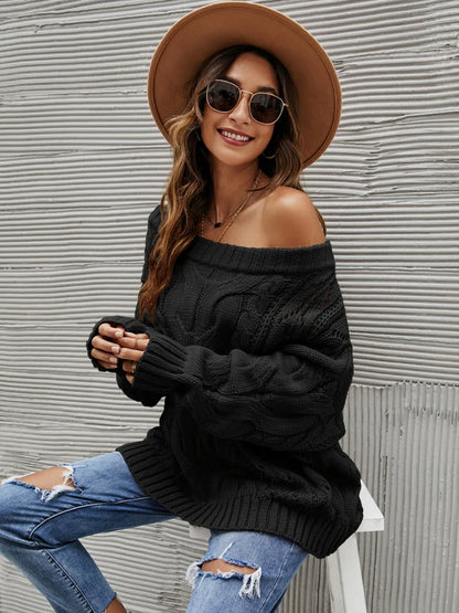 Cable Knit Openwork Off-Shoulder Sweater - adritiX