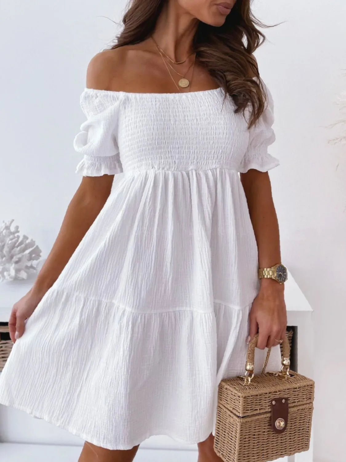 Smocked Off-Shoulder Mini Dress - adritiX