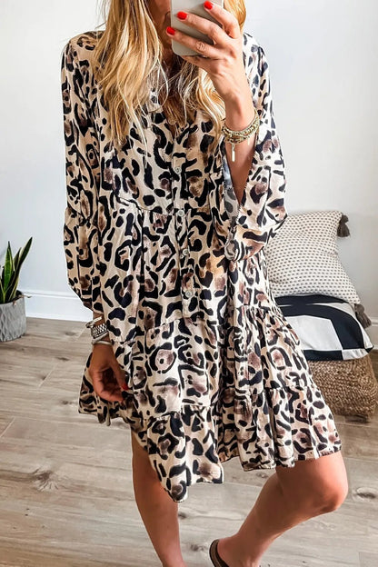Leopard Print Buttoned Front 3/4 Sleeve Tiered Ruffled Hem Dress - adritiX