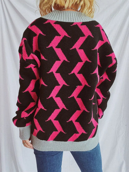 Contrast Trim Geometric V-Neck Long Sleeve Cardigan - adritiX