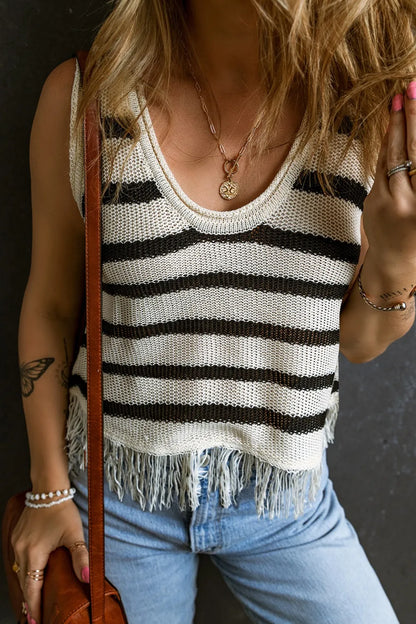 Elegant Fringe Striped Scoop Neck Tank - adritiX